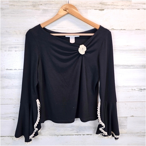 Vintage Y2K Black Knit Top MP Flared Sleeves Rosette Flower Balletcore Soft Girl - Picture 11 of 16